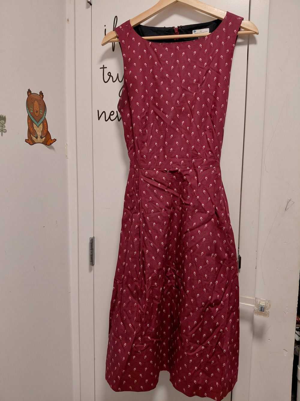L.L. Bean Sleeveless Wine Dress with White Paisley Motif